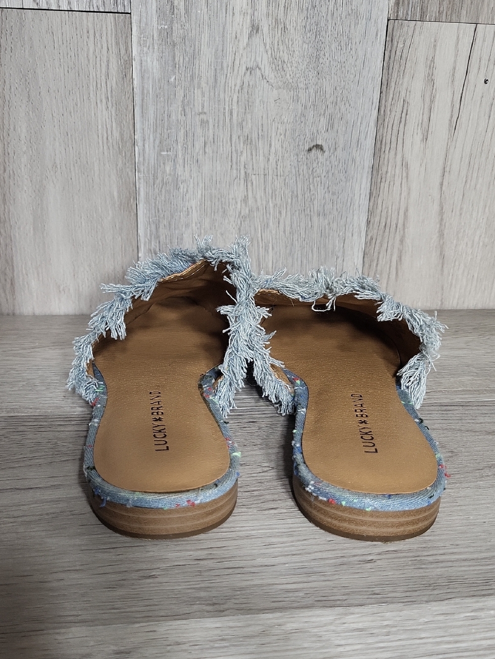 Lucky Brand Denim Embroidered Pointed Toe Mule Flats Frayed Trim Slip On Shoes - Picture 6 of 6